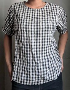 Gingham Print Top with Puff Sleeves