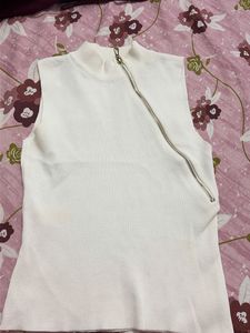 Sleeveless White Mock Neck Zip Top