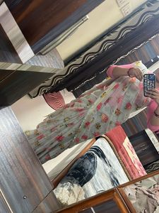 flowers print off silver saree with blouse
