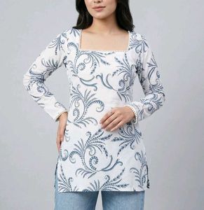 White Kurta with Blue Floral Print