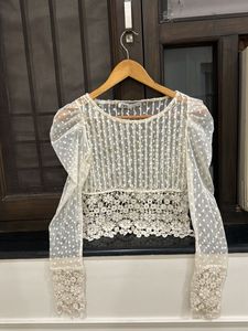 Sheer Lace Puff Sleeve Top - Size S