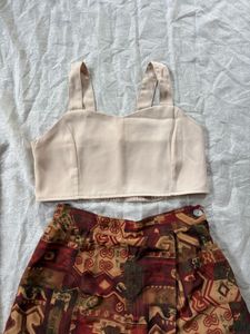 Stylish Beige Crop Top with Printed Skirt Set