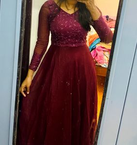 Beautiful 4 Meter Flared Georgette Wine Gown Steal