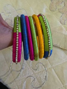 6 Vibrant Silk Thread Bangles with Rhinestones