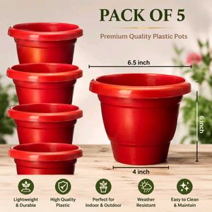 Pack of 5 Red Plastic Plant Pots