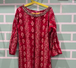 Red &amp; White Ethinix Beads &amp;Stone kurta