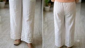 White Cotton Palazzo Pants with Schiffli Lace Work
