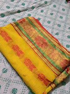 Vibrant Yellow Saree with Floral Border