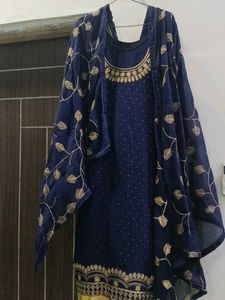 Elegant Navy Blue Embroidered Kurta Palzo Duptta