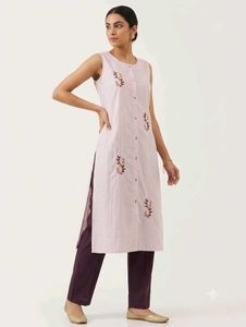 Pink Striped Kurta with Floral Embroidery