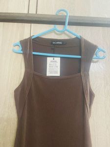 Brown Ribbed Bodycon Midi Dress