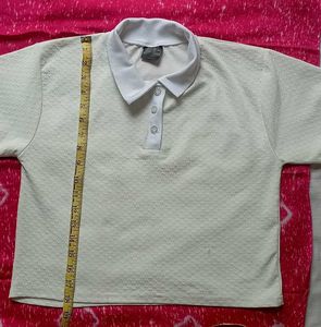 White Textured Polo Neck Top