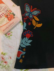 Black T-Shirt with Embroidered Butterfly
