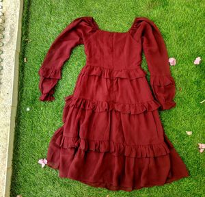 Maroon Ruffle A-line Dress