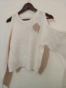 Cream Cold Shoulder Knit Sweater