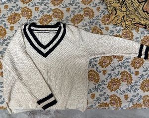 Cream V-Neck Sweater with Black Stripes