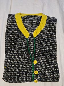Black & White Printed Kurta with Yellow Collar