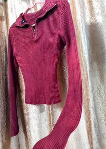 Maroon Ribbed Knit Polo Top
