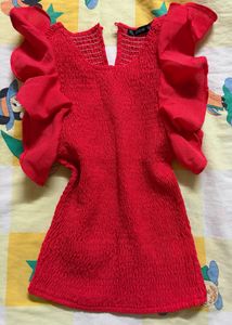 Red Smocked Ruffle Sleeve Top
