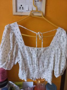 White Floral Print Smocked Crop Top