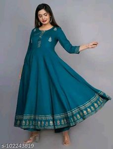 Teal Anarkali Kurta with Golden Print-XXL
