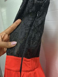 Chic Black Lace &amp; Orange Pleated Dress
