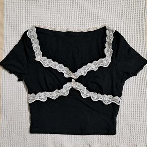 Y2k Vintage Cottagecore Black Lace Trim Crop Top