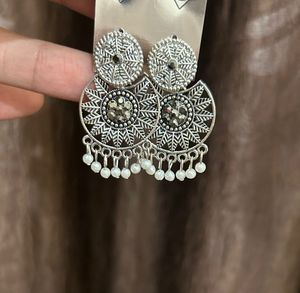 Boho Silver Jhumka Earrings with Pearls