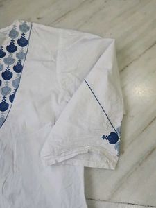 White Kurta with Blue Embroidery