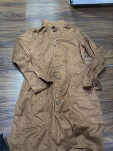 Brown Suede Style Button-Down Dress