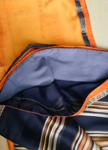 Orange &amp; Navy Blue Designer Silk-Look Saree with S