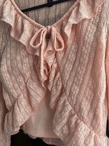 Sheer Lace Ruffle Tie-Front Top