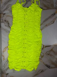 Neon Ruched Lace-Up Mini Dress