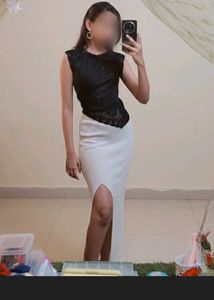 Elegant Cream Ribbed Full Length Slit Skirt
