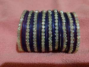 Dark Blue Silver Metallic Glass Bangles Set