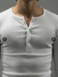 Men's White Ribbed Henley T-Shirt