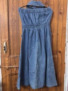 Offshoulder Denim Midi Dress With Pockets