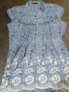 Sky Grey Top With White Chickan Work