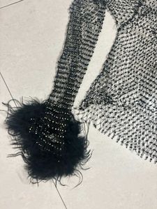 Black Feather Embellished Mesh Top