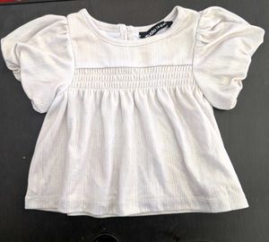 Kids White Ribbed Smocked Puff Sleeve Top