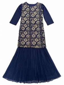 Girls Navy Embroidered Tulle Gown