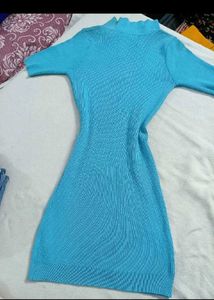Blue Ribbed Knit Midi Dress