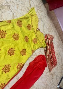 Yellow Kurta Set with Red Design Dupatta and pant
