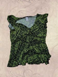 Green & Black Floral Print Top