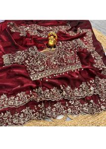 Elegant Embroidered Maroon Saree with Blouse