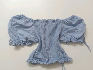 Light Blue Puff Sleeve Square Neck Top