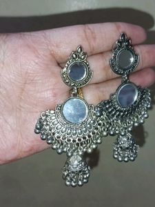 Oxidized Silver Jhumka Earrings with Mirror