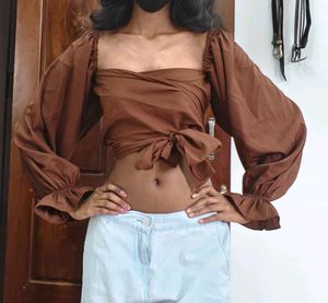 Brown Off-Shoulder Tie-Up Top with Puff Sleeves