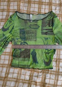 Green Mesh Sheer Graphic Print Top