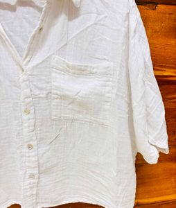 White Linen Blend Short Sleeve Shirt